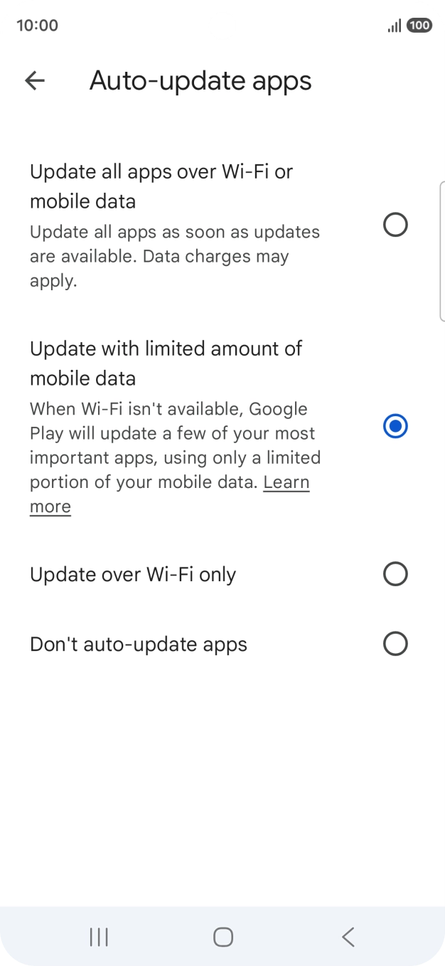 To turn on automatic update of apps using mobile network, press Update all apps over Wi-Fi or mobile data.