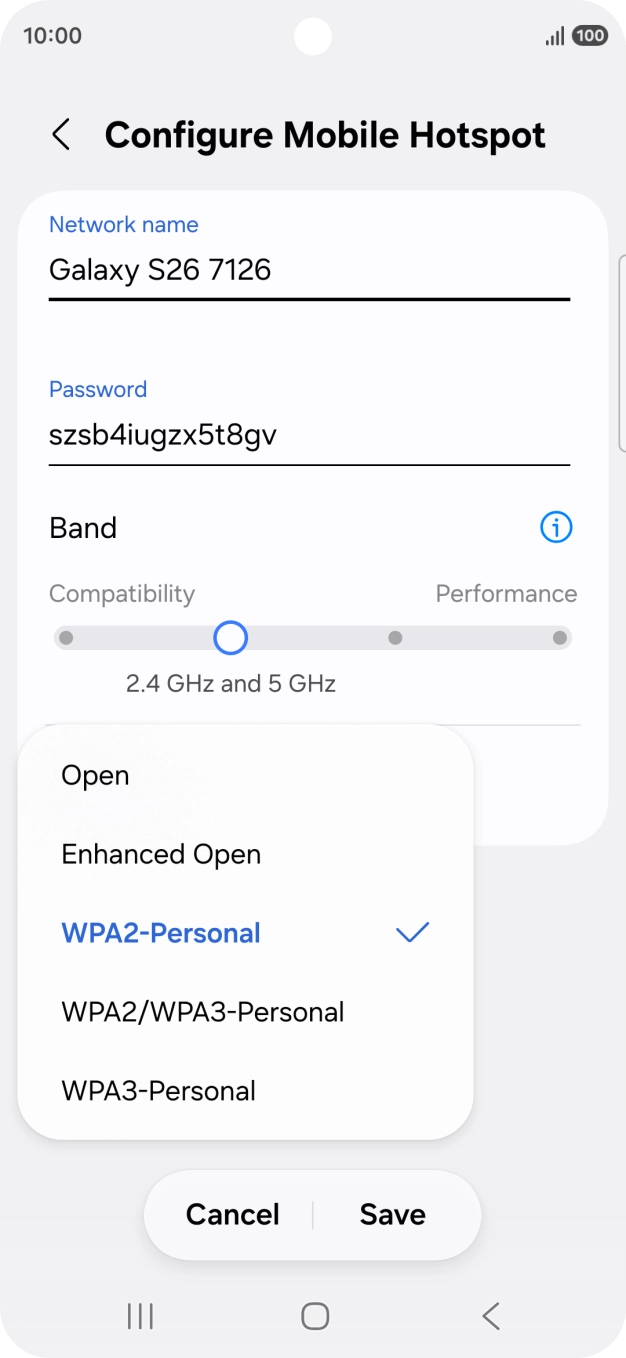 Press WPA3-Personal to password protect your Wi-Fi hotspot.