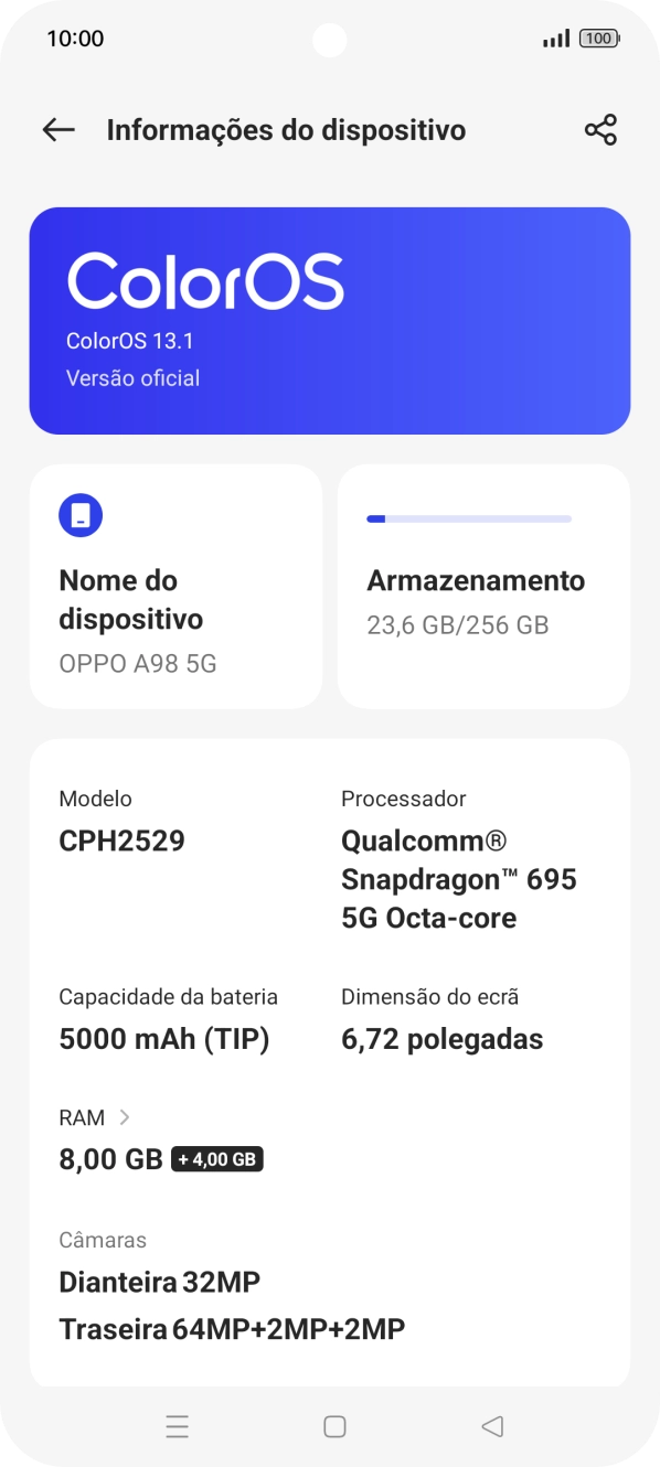 Prima ColorOS. Se existir uma nova versão de software disponível, será agora indicado no ecrã. Siga as indicações no ecrã para atualizar o software do telefone.