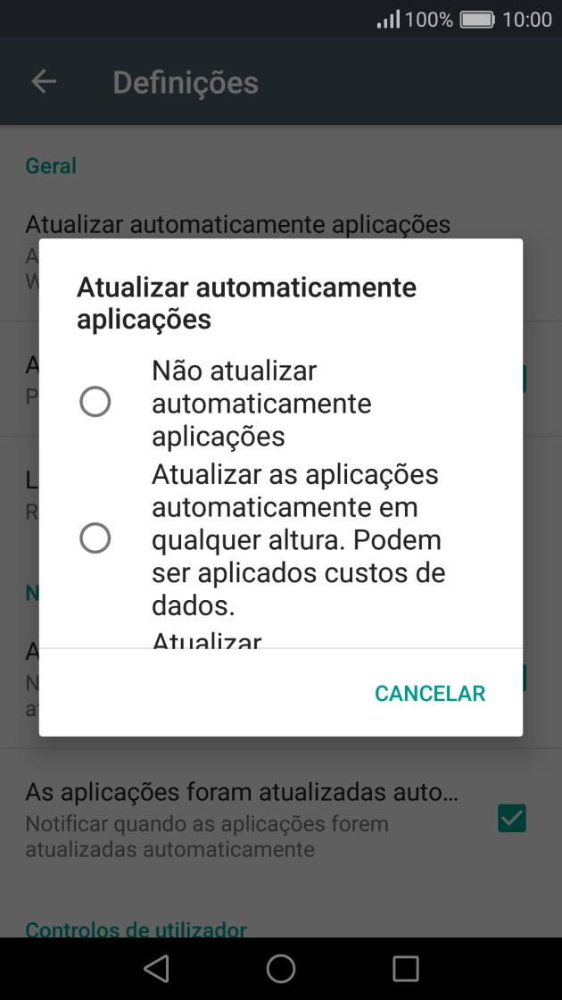 Prima Não atualizar automaticamente aplicações para desativar a função.