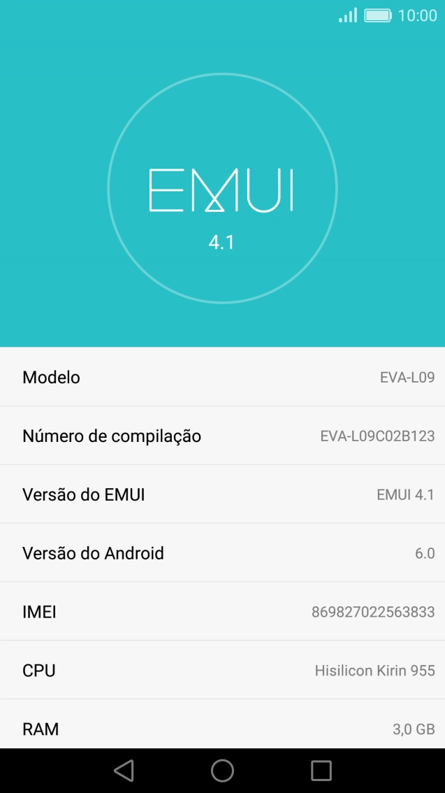 O código IMEI é mostrado no ecrã.