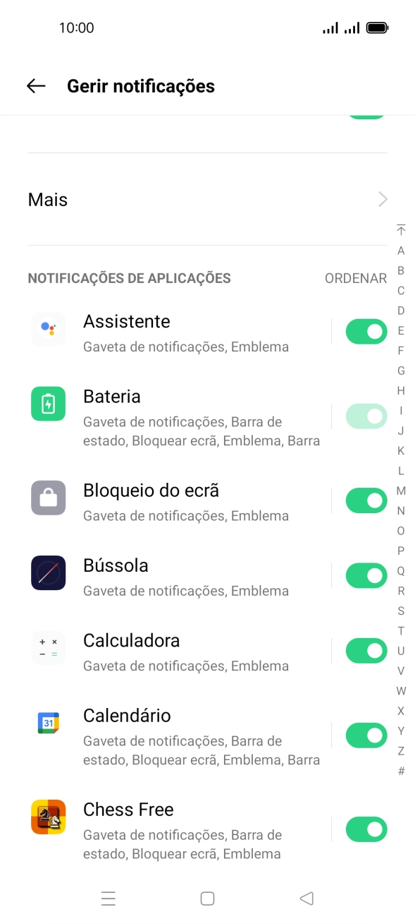 Prima o indicador junto às apps pretendidas para ativar ou desativar a função.