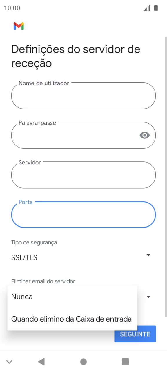 Prima Nunca para manter os e-mails no servidor quando estes são apagados no telefone.