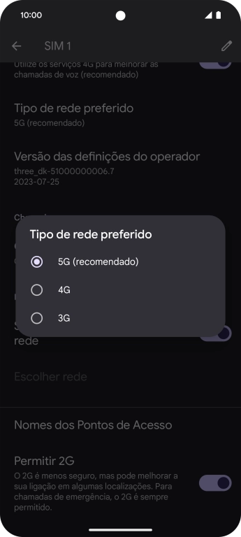 Prima o tipo de rede pretendido.
