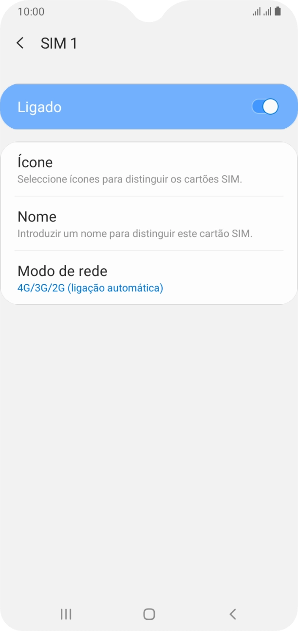 Prima o indicador para ativar ou desativar a utilização do cartão SIM.