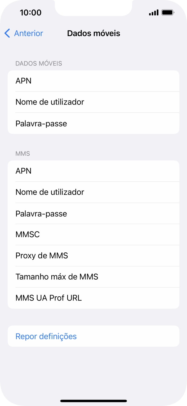 Prima APN e insira net2.vodafone.pt.