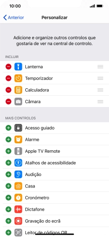 Prima o ícone para apagar junto da função pretendida para a remover da Central de controlo.