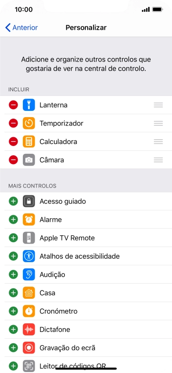 Prima o ícone para apagar junto da função pretendida para a remover da Central de controlo.