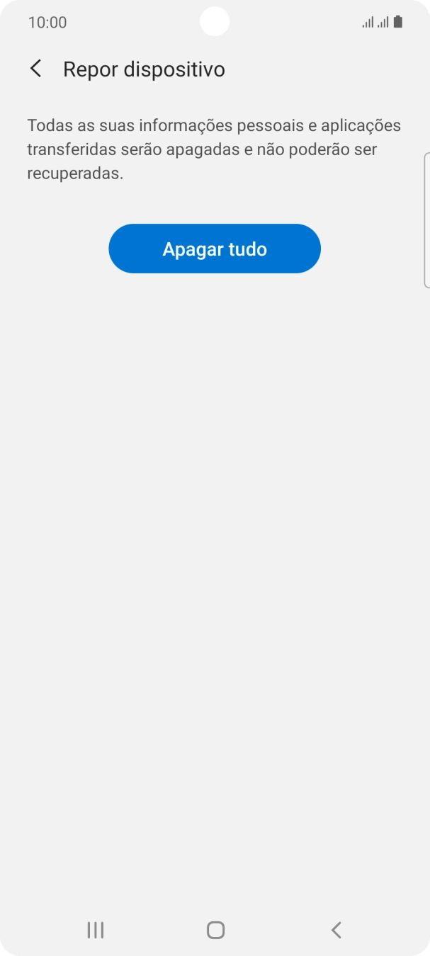 Prima Apagar tudo. Aguarde um momento enquanto o telefone restabelece as definições originais. Siga as indicações no ecrã para configurar o telefone de modo que este fique pronto a ser utilizado.