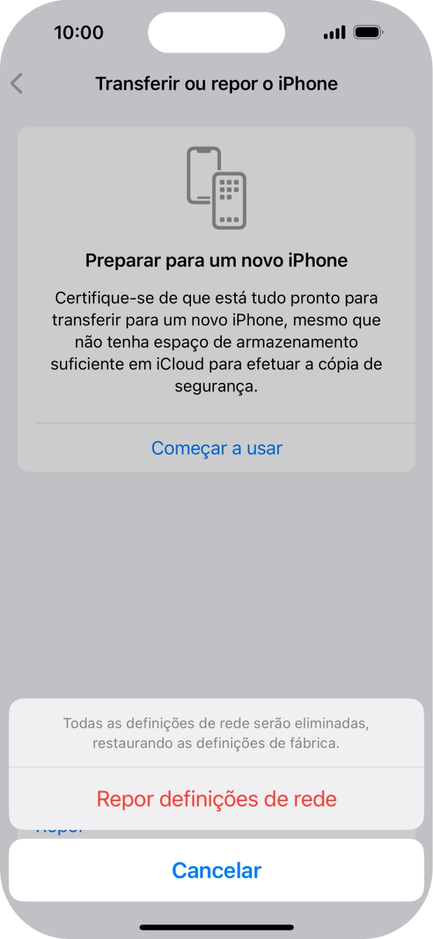 Prima Repor definições de rede.