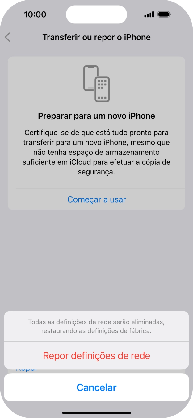 Prima Repor definições de rede.