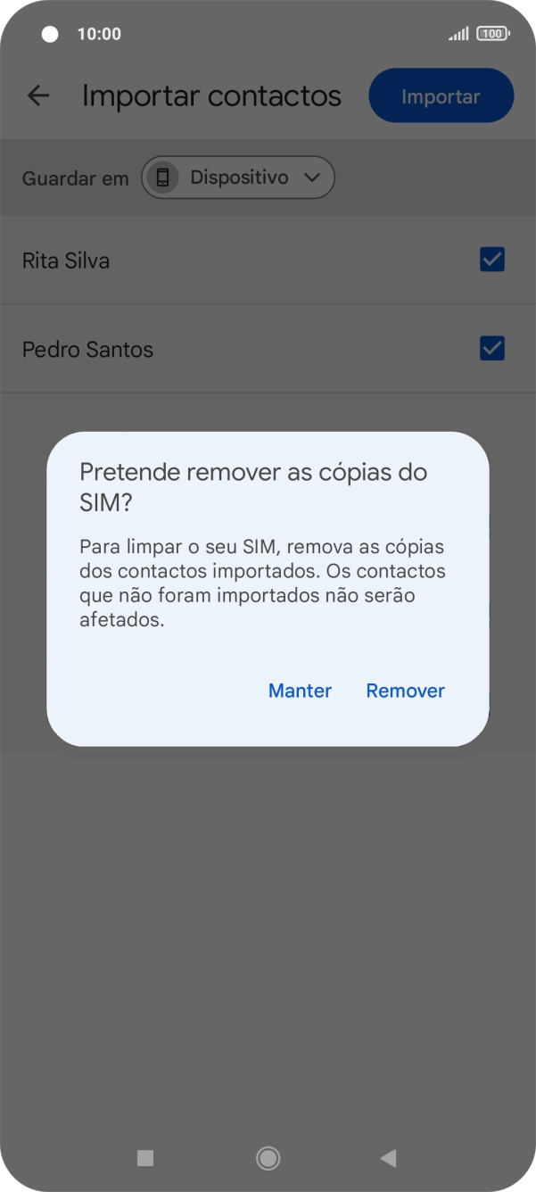 Se pretender manter os contactos copiados no cartão SIM, prima Manter.