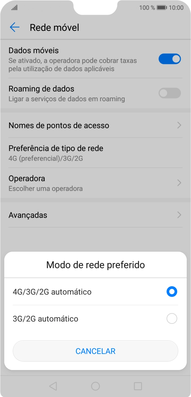 Prima o tipo de rede pretendido.