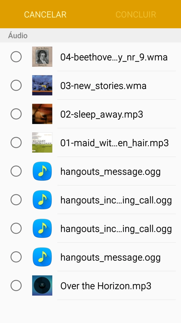 Prima o campo  junto do ficheiro de música pretendido.