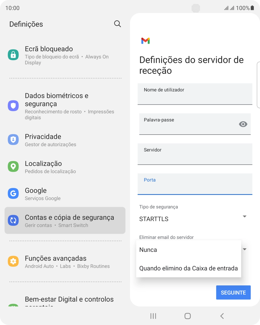 Prima Nunca para manter os e-mails no servidor quando estes são apagados no telefone.