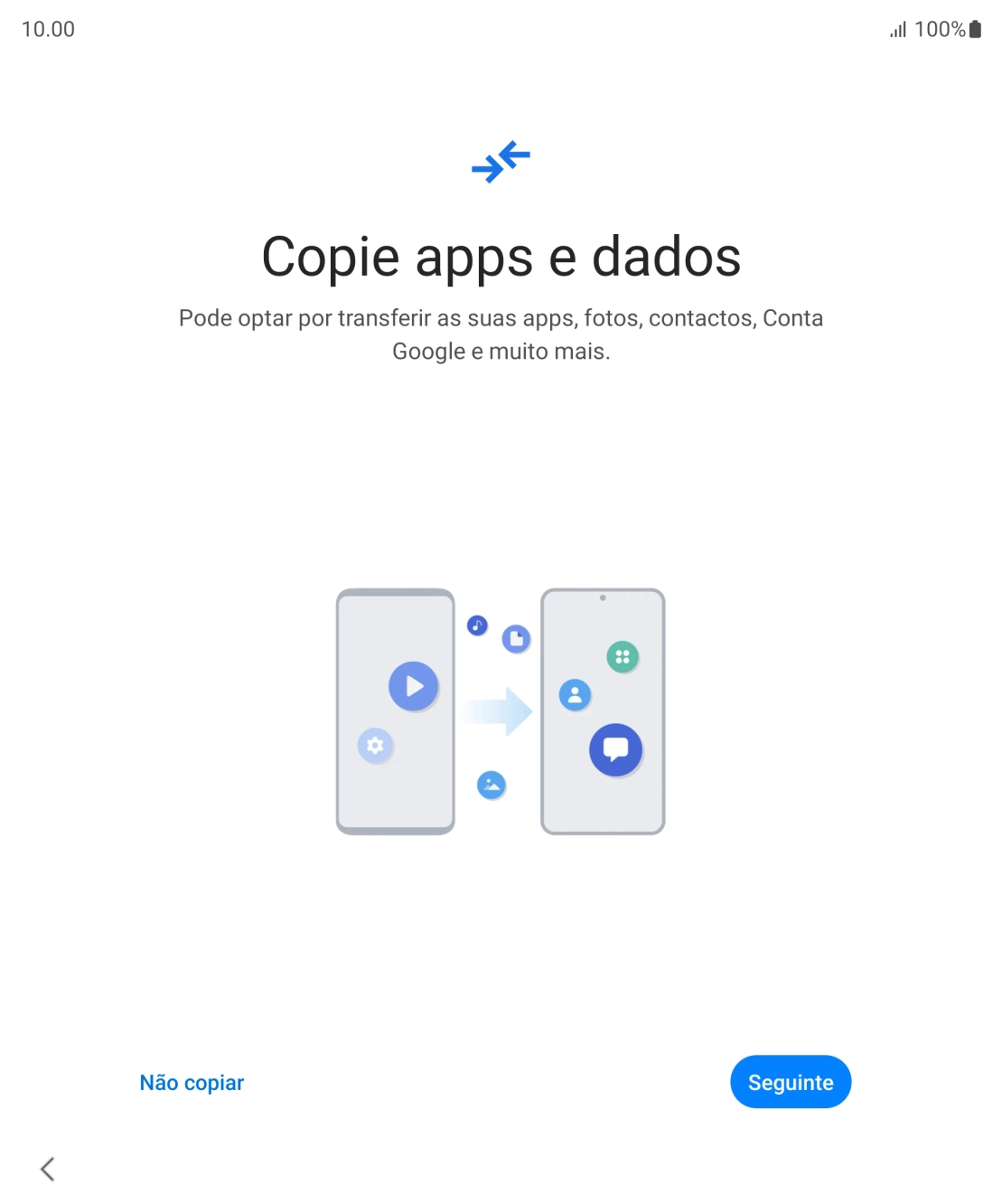 É possível transferir conteúdo de outro telefone quando o telefone for ativado antes da primeira utilização e quando o telefone tiver sido reiniciado. Quando esta imagem for mostrada no ecrã, o telefone está pronto para transferir conteúdo de outro telefone.