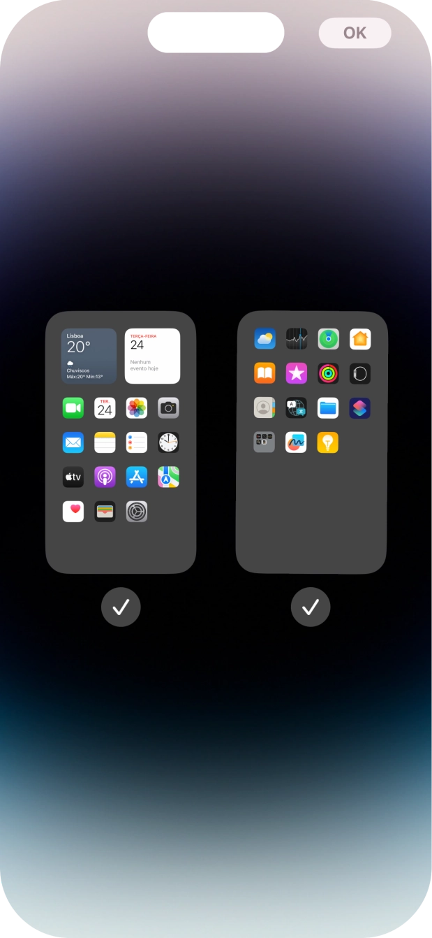 Prima os campos sob as páginas do ecrã inicial pretendidas, para ativar ou desativar a exibição de páginas.