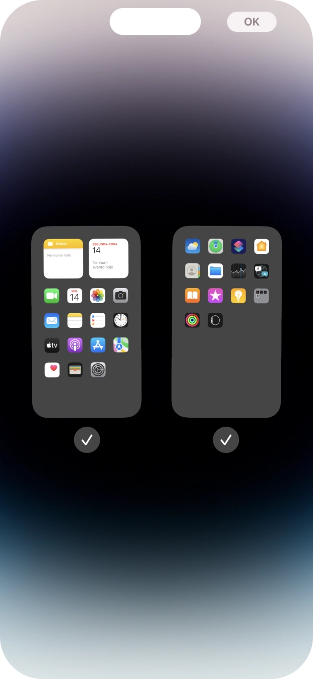Prima os campos sob as páginas do ecrã inicial pretendidas, para ativar ou desativar a exibição de páginas.