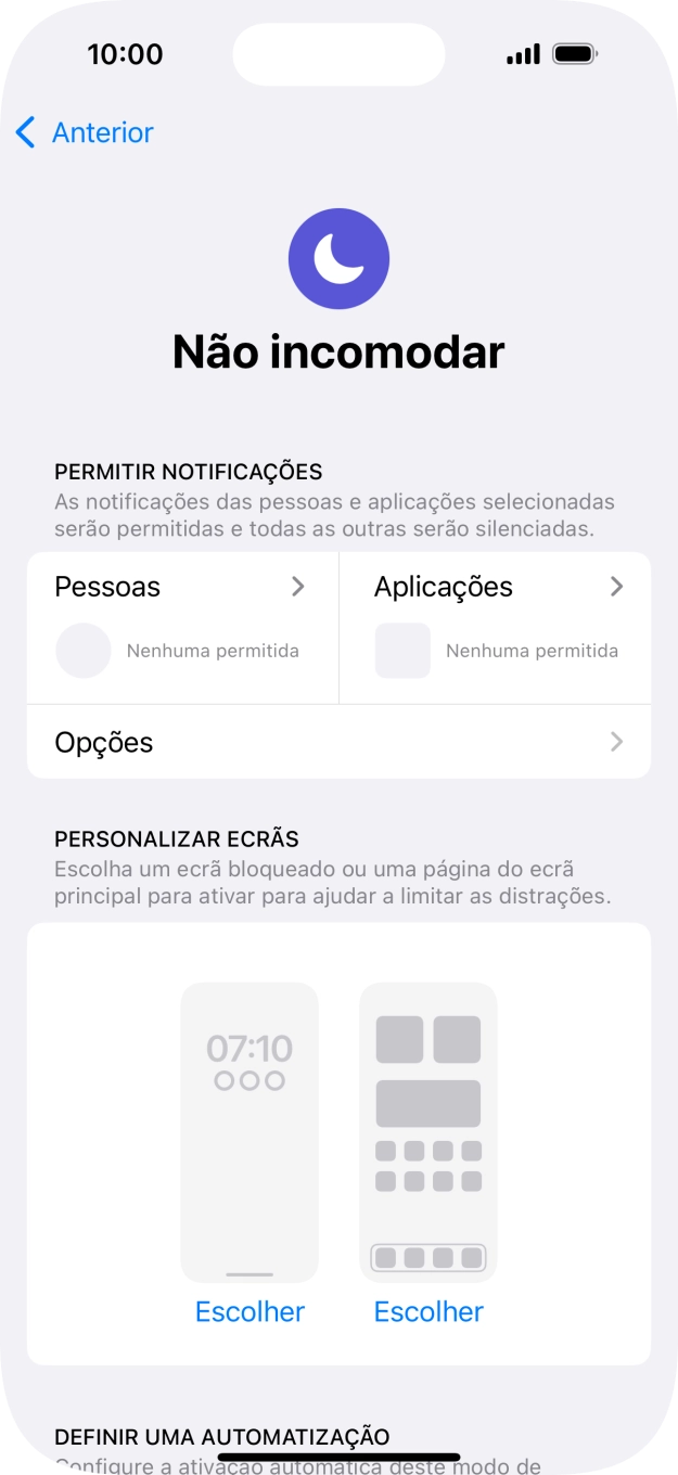 Prima Pessoas e siga as indicações no ecrã para escolher quais os contactos de que pretende receber chamadas e notificações, enquanto a função “Não incomodar” está ativada.