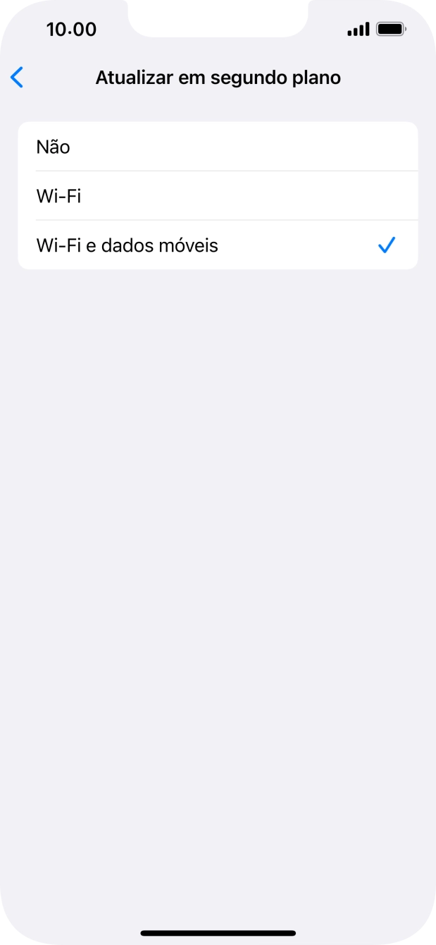Para desativar a atualização de apps em segundo plano, prima Não.
