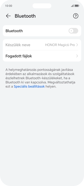 Kattints a „Bluetooth” melletti csúszkára a funkció bekapcsolásához.