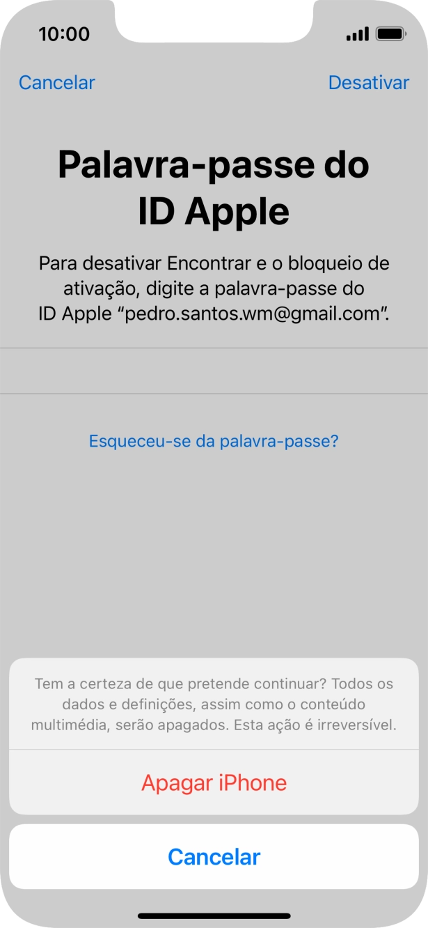 Introduza a password do ID Apple e prima Apagar iPhone. Aguarde um momento enquanto o telefone restabelece as definições originais. Siga as indicações no ecrã para configurar o telefone de modo que este fique pronto a ser utilizado.