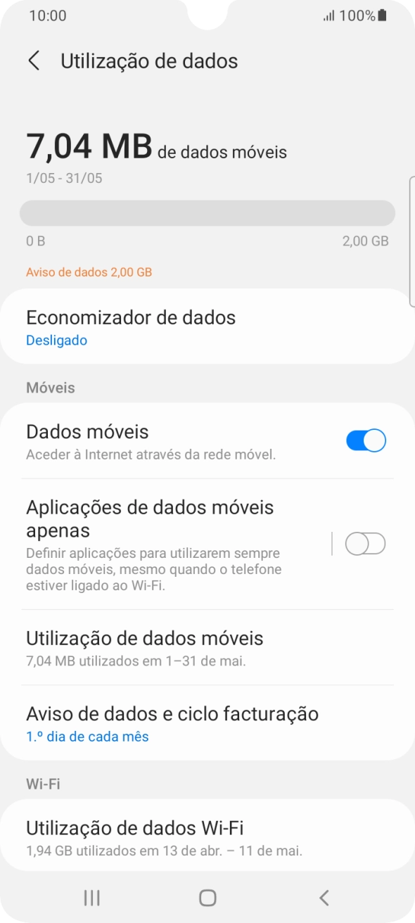 O consumo total de dados é agora mostrado no ecrã.