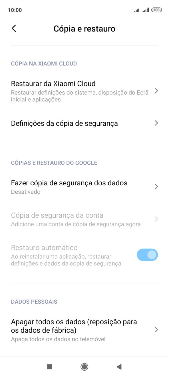 Prima Apagar todos os dados (reposição para os dados de fábrica).