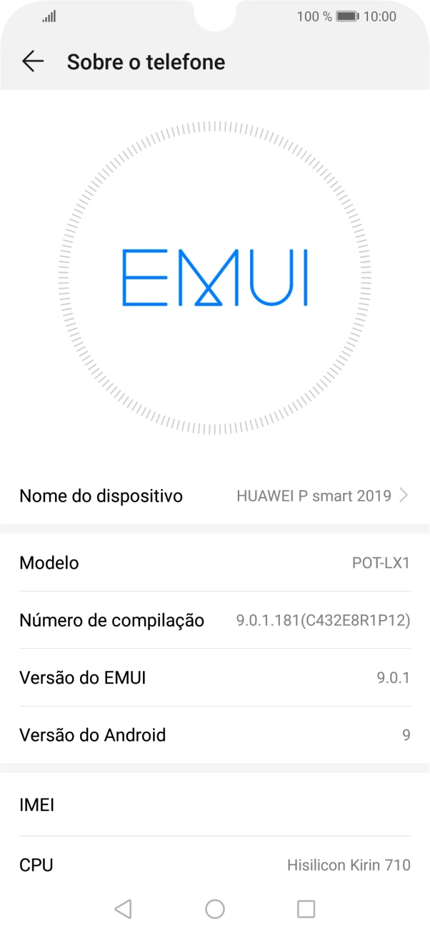 O código IMEI é mostrado no ecrã.