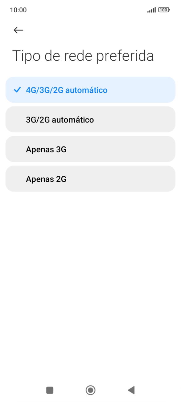 Prima o tipo de rede pretendido.