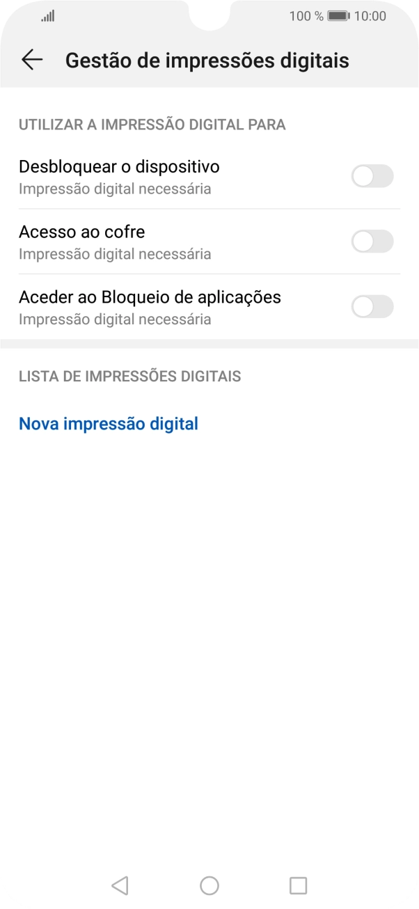 Prima Nova impressão digital e siga as indicações no ecrã para definir a impressão digital como código de bloqueio.