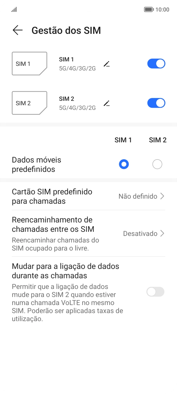 Prima o indicador  junto ao cartão SIM pretendido para ativar ou desativar a utilização do cartão SIM.