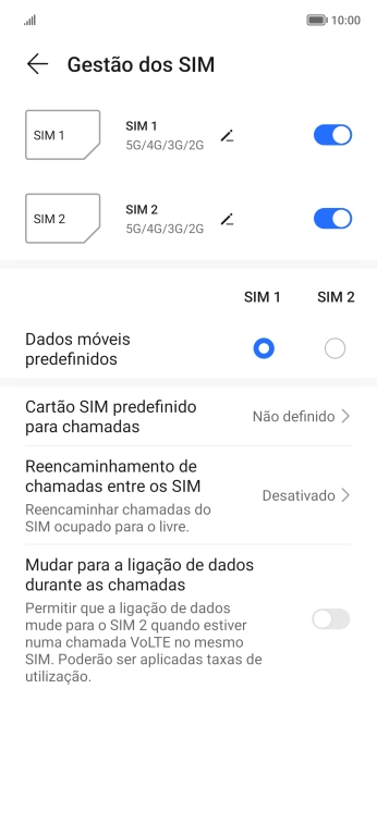 Prima o indicador  junto ao cartão SIM pretendido para ativar ou desativar a utilização do cartão SIM.
