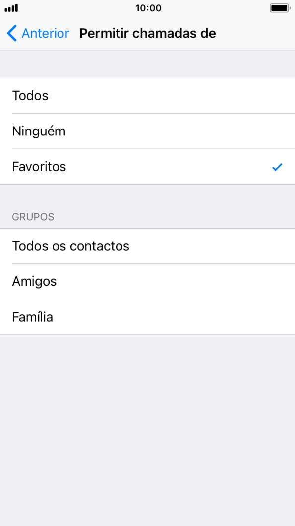 Prima as definições pretendidas para escolher quais os contactos que lhe podem ligar quando a função 