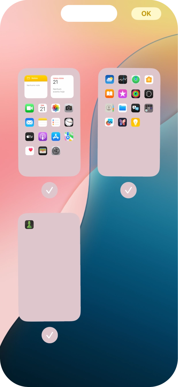 Prima os campos sob as páginas do ecrã inicial pretendidas, para ativar ou desativar a exibição de páginas.