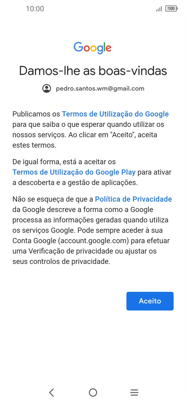 Prima Aceito e siga as indicações no ecrã para escolher as definições da conta Google.