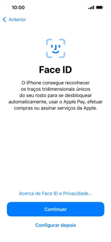 Siga as indicações no ecrã para ativar a utilização do reconhecimento facial (Face ID) ou prima Configurar depois. Siga as indicações no ecrã para ativar a utilização do reconhecimento facial (Face ID) ou prima Configurar depois.