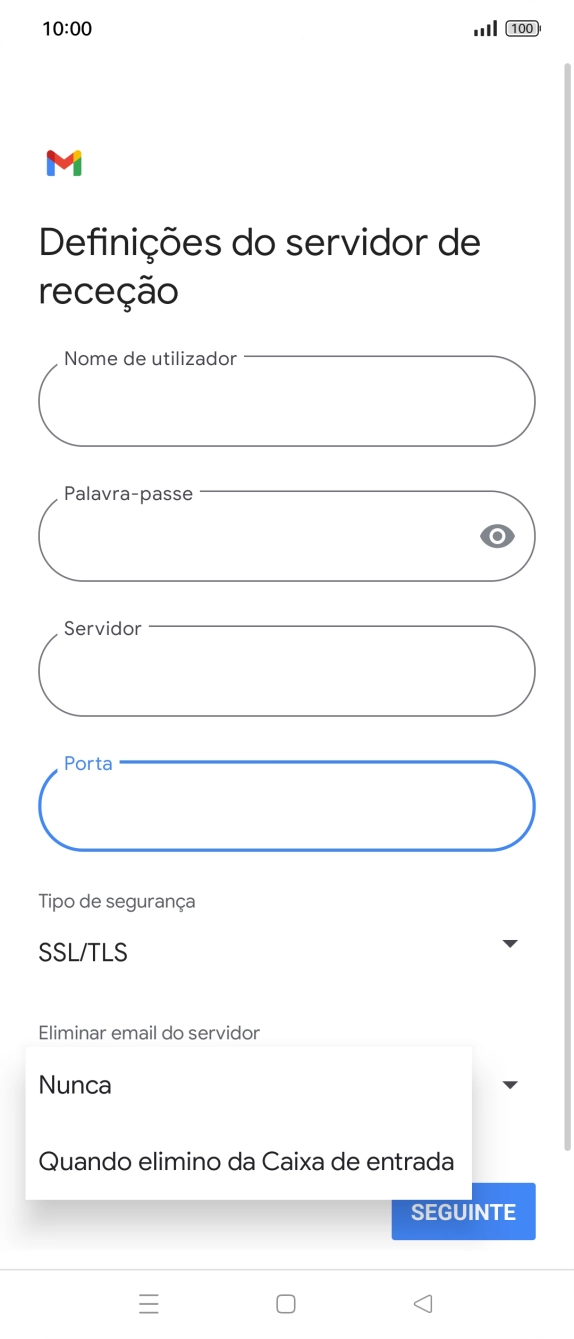 Prima Nunca para manter os e-mails no servidor quando estes são apagados no telefone.