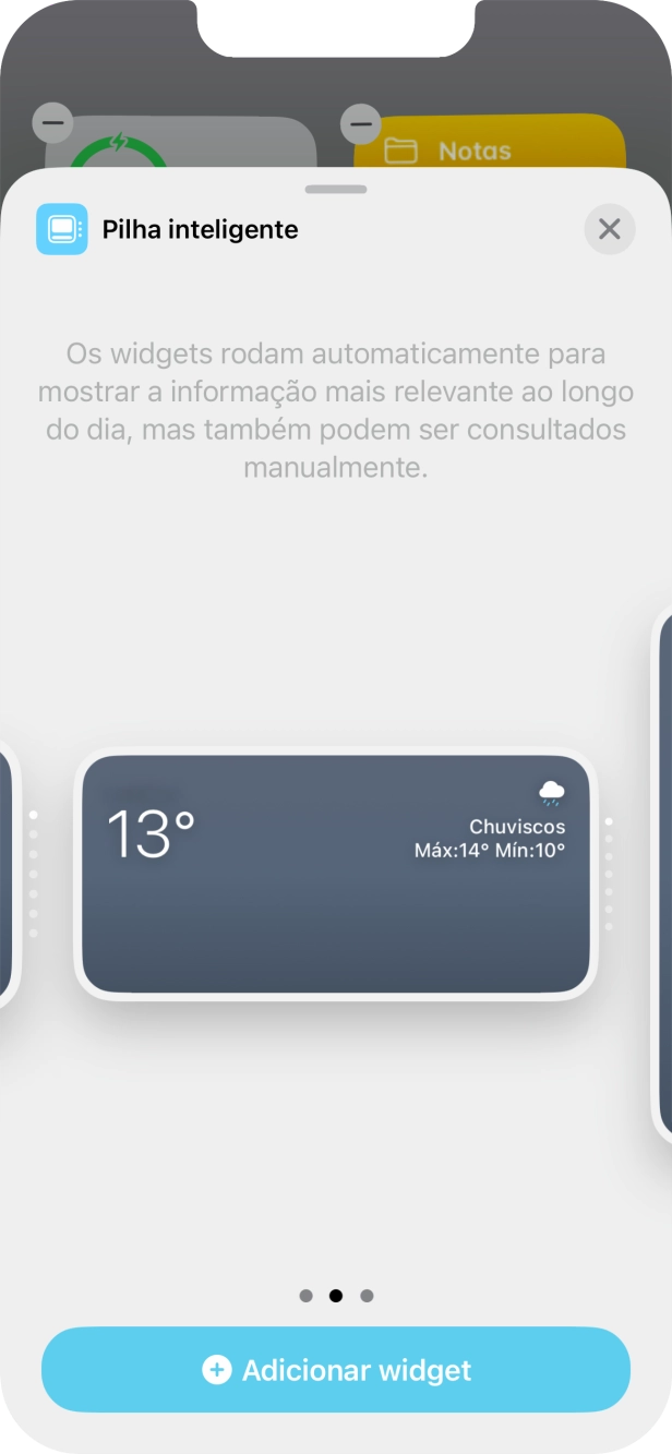 Para escolher a dimensão pretendida para o widget, deslize o dedo para a direita ou para a esquerda sobre o ecrã.