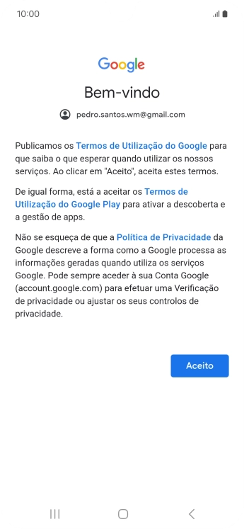Prima Aceito e siga as indicações no ecrã para escolher as definições da conta Google.
