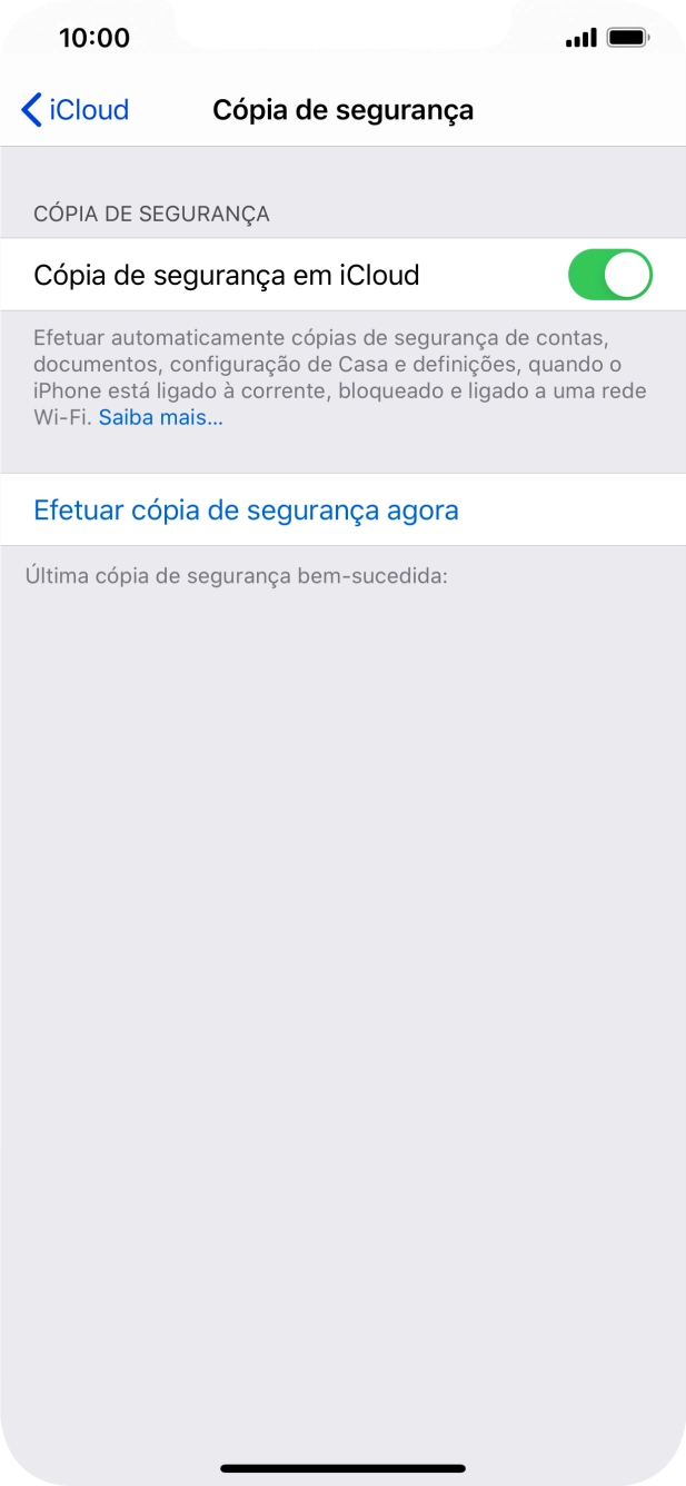 Prima Efetuar cópia de segurança agora e aguarde enquanto é efetuada a cópia de segurança do conteúdo da memória do telefone.
