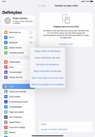 Prima Repor todas as definições.