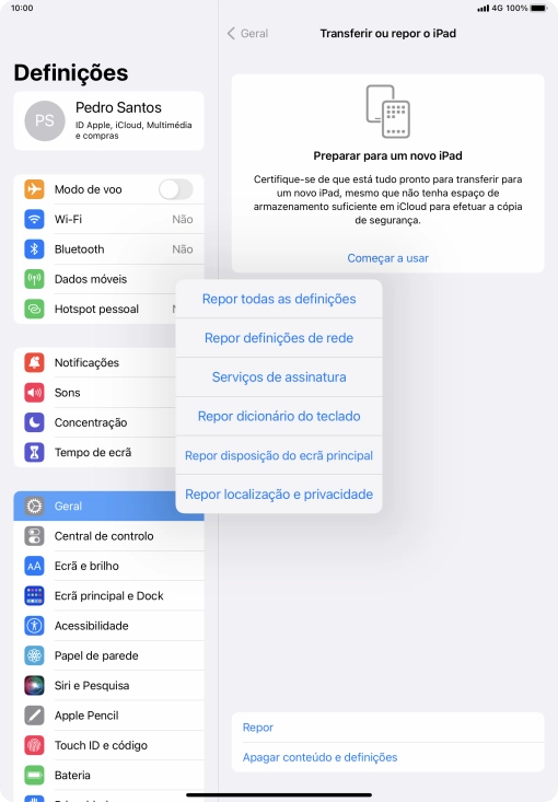Prima Repor todas as definições.