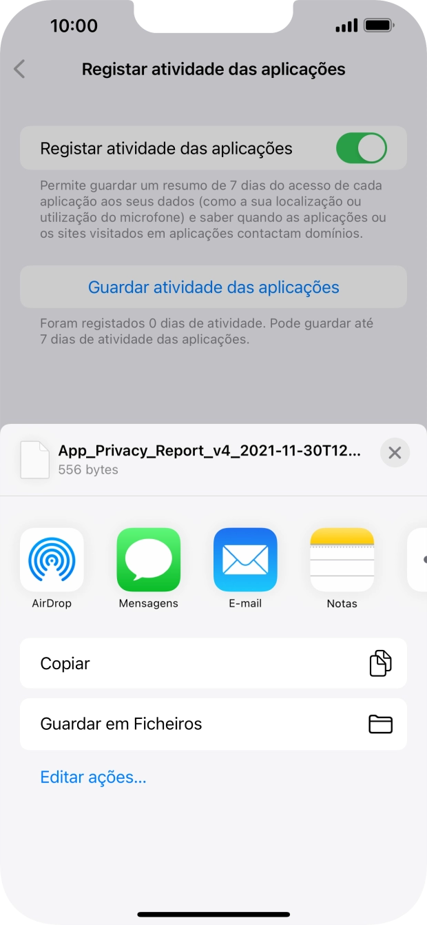 Prima a definição pretendida e siga as indicações no ecrã para partilhar ou guardar o relatório de atividade das aplicações.
