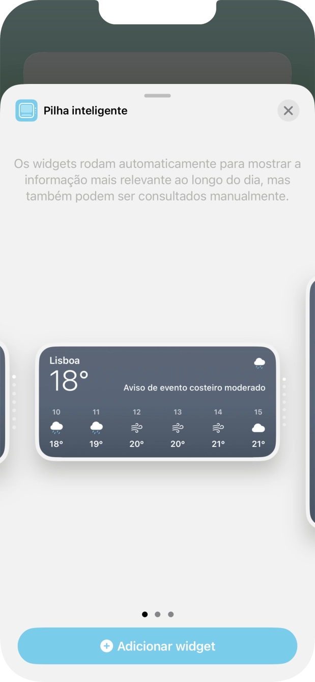 Para escolher a dimensão pretendida para o widget, deslize o dedo para a direita ou para a esquerda sobre o ecrã.