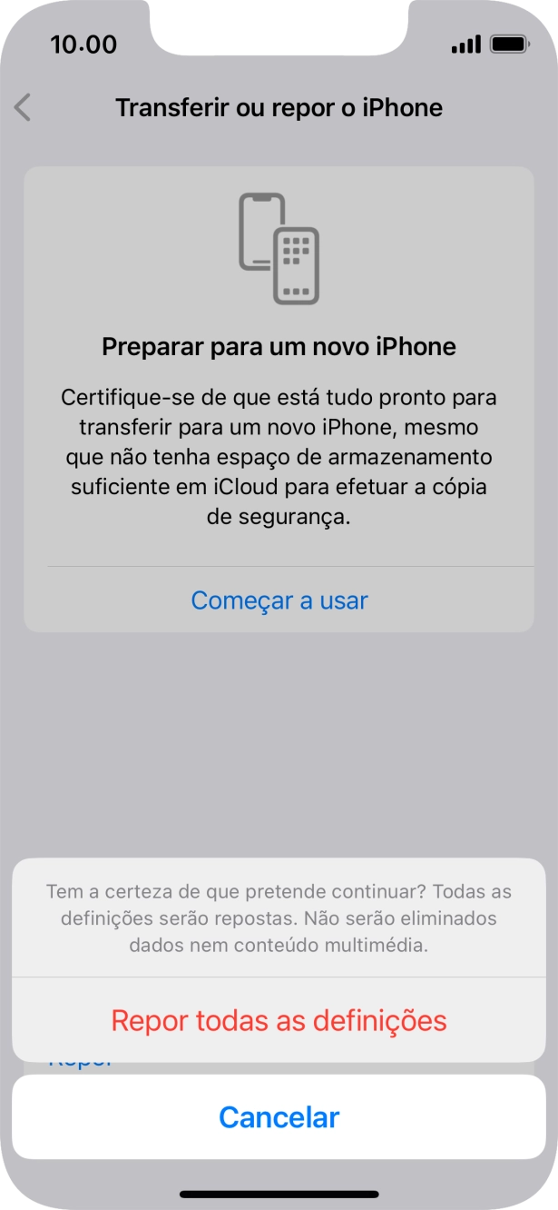 Prima Repor todas as definições. Aguarde um momento enquanto o telefone restabelece as definições originais. Siga as indicações no ecrã para configurar o telefone de modo que este fique pronto a ser utilizado.