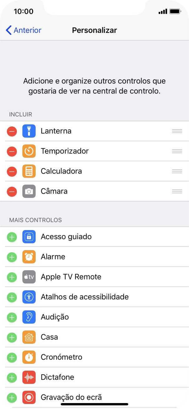 Prima o ícone para apagar junto da função pretendida para a remover da Central de controlo.