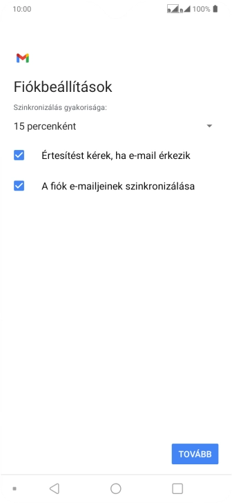 Amennyiben a kijelzőn ez a képernyőkép látható, az e-mail-fiókodat felismerte a rendszer, és automatikusan beállította. Kövesd a képernyőn megjelenő utasításokat  további adatok csatolásához, és fejezd be az új fiók létrehozását.