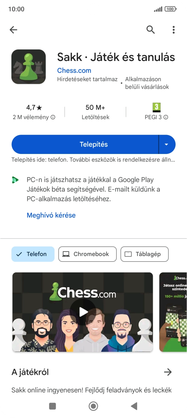 Válaszd a Telepítés lehetőséget, és kövesd a képernyőn megjelenő utasításokat az alkalmazás telepítéséhez.