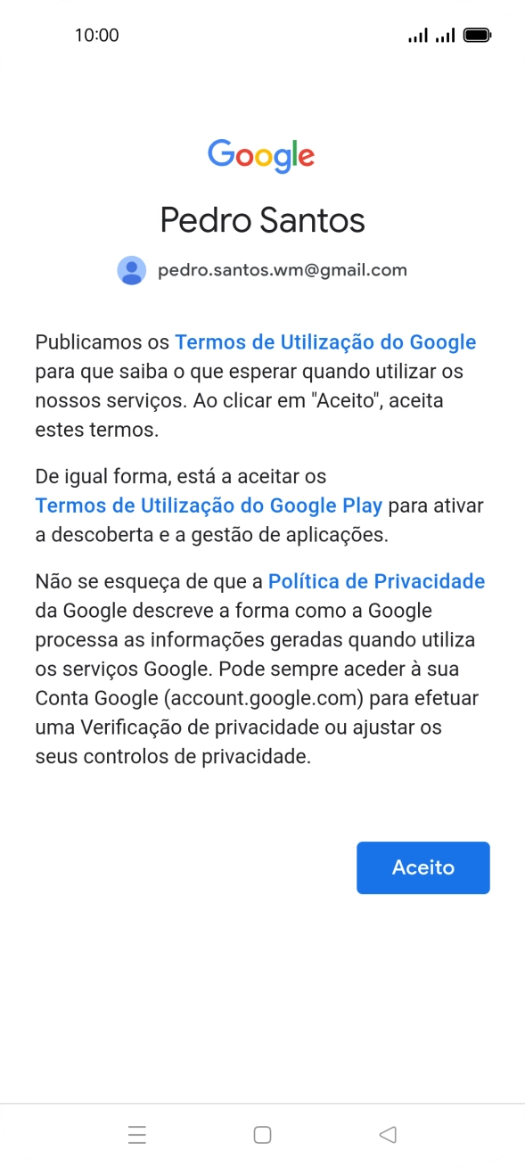 Prima Aceito e siga as indicações no ecrã para escolher as definições da conta Google.